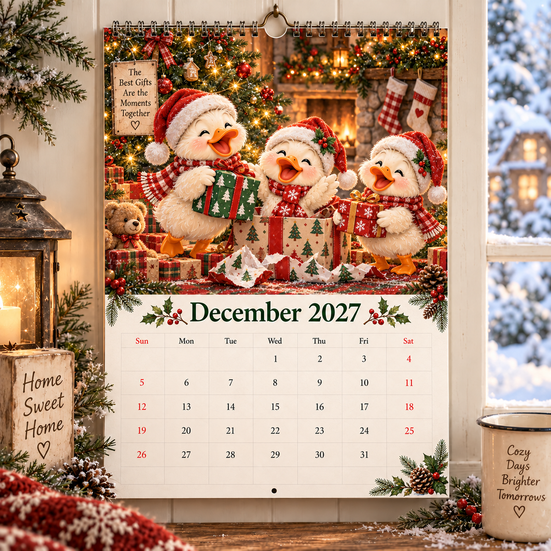 December 2027 ducks opening Christmas gifts by the tree