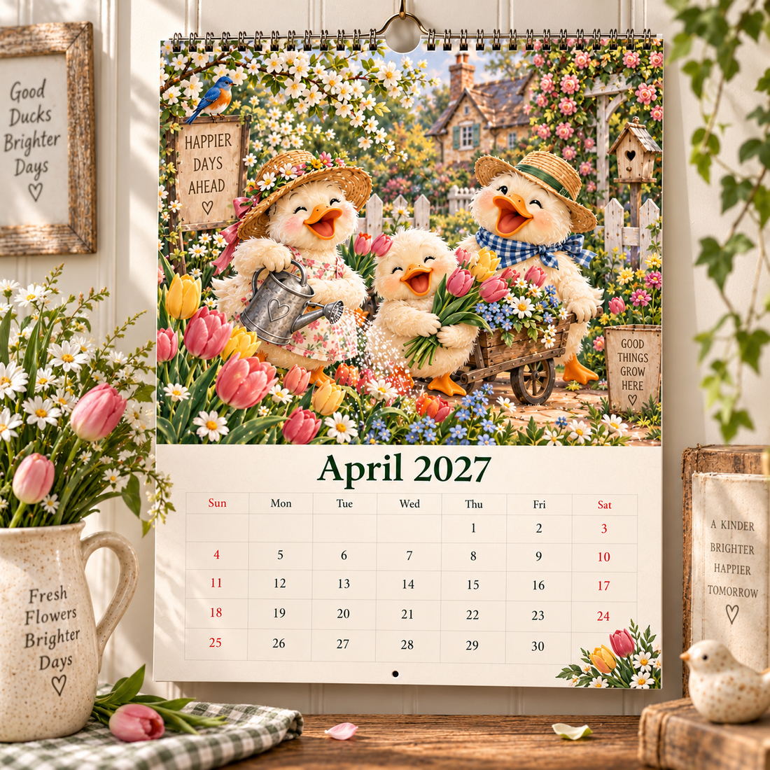 April 2027 ducklings watering a tulip garden
