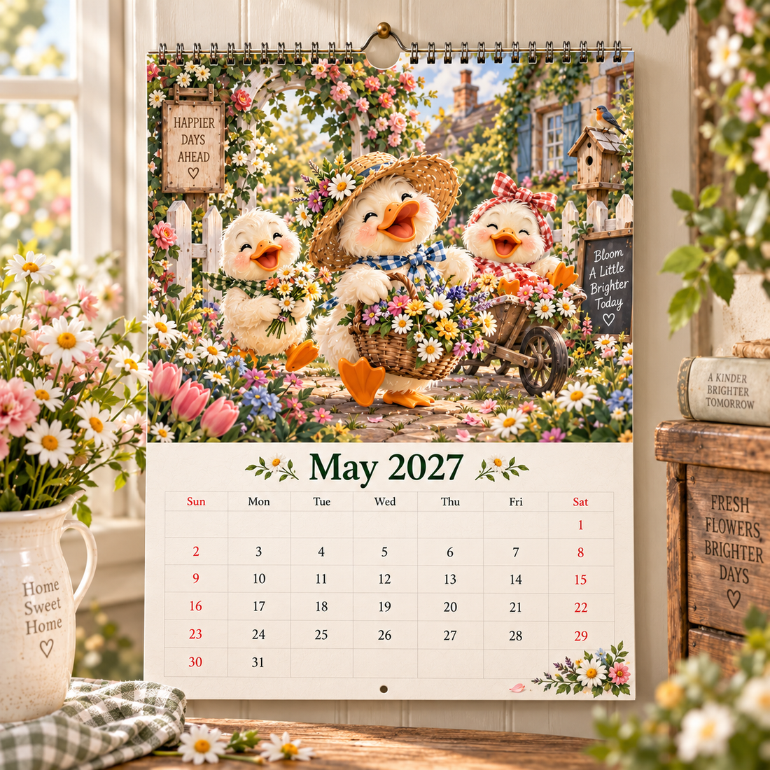 May 2027 ducks with bicycle and baskets of flowers