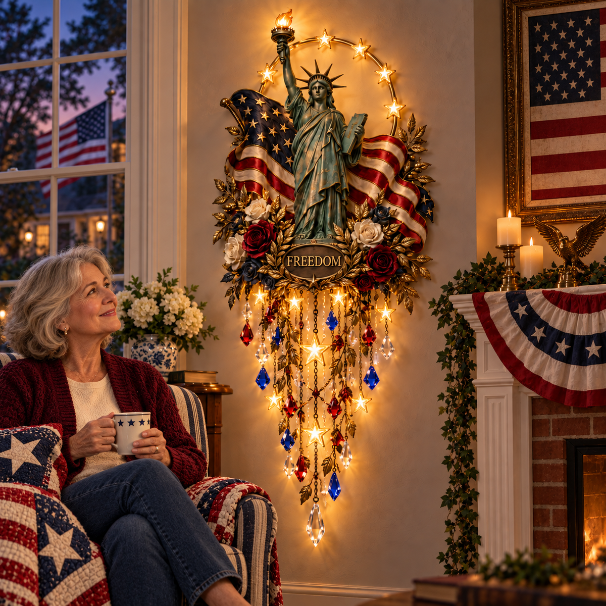 Statue of Liberty wall light beside a cozy patriotic sitting area