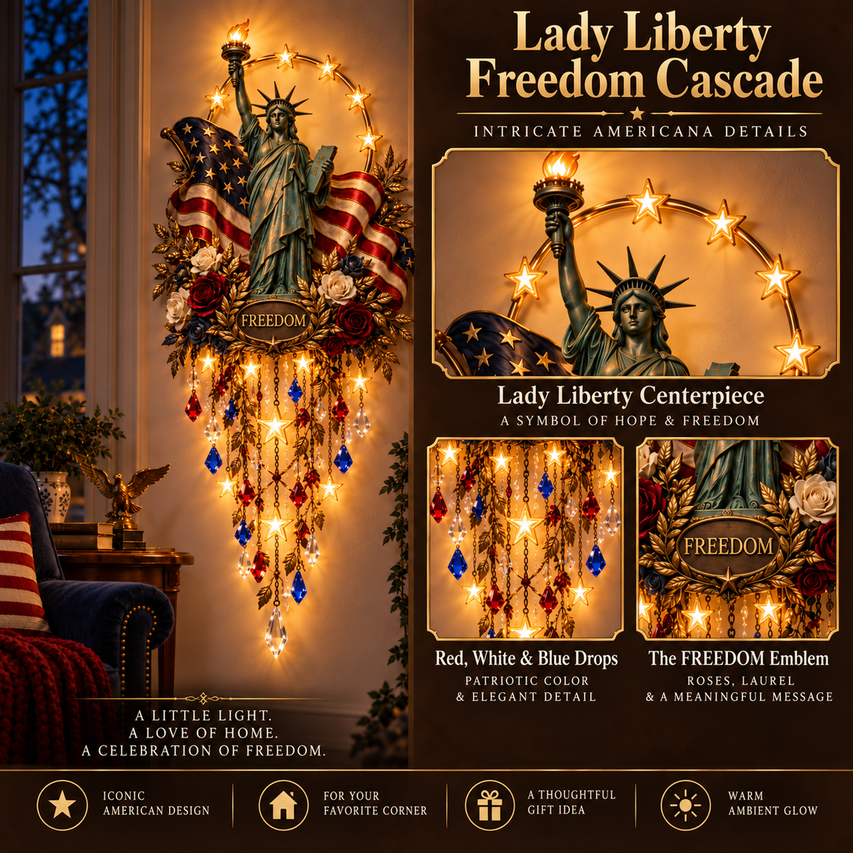 Statue of Liberty wall light and decorative detail close-ups