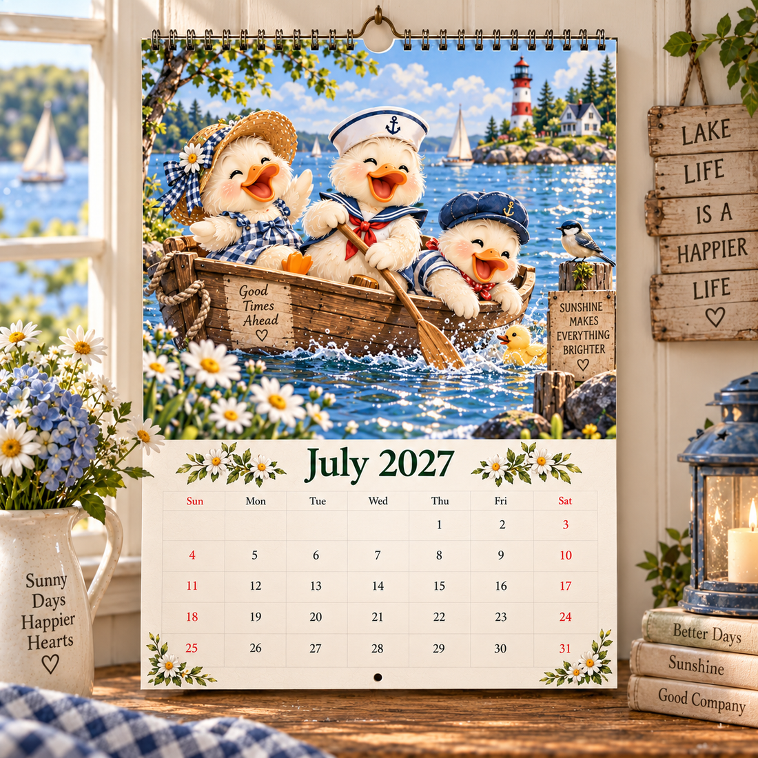 July 2027 ducks sailing on a blue lake