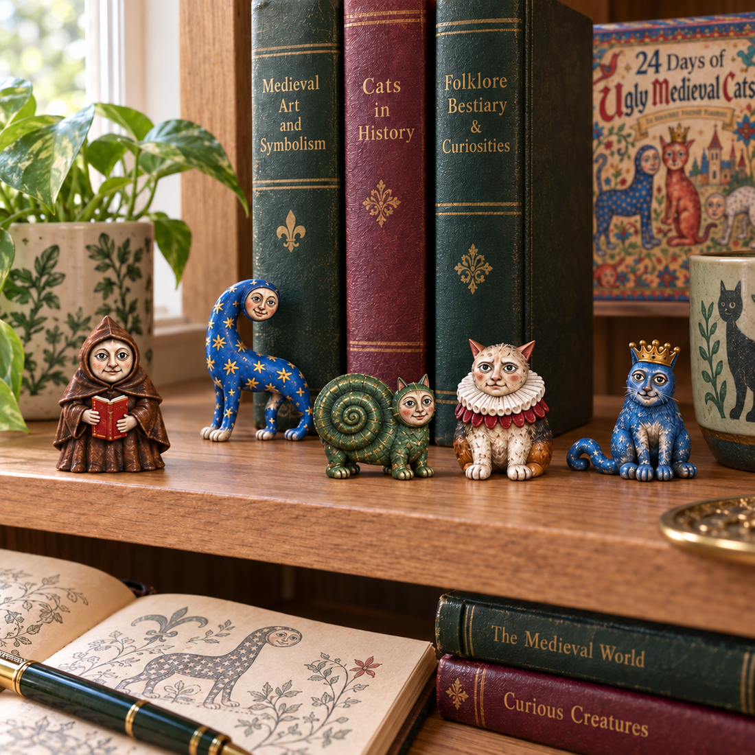 Close-up of medieval cat characters