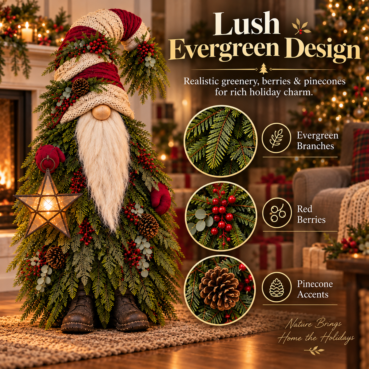 Evergreen greenery berries and pinecone details