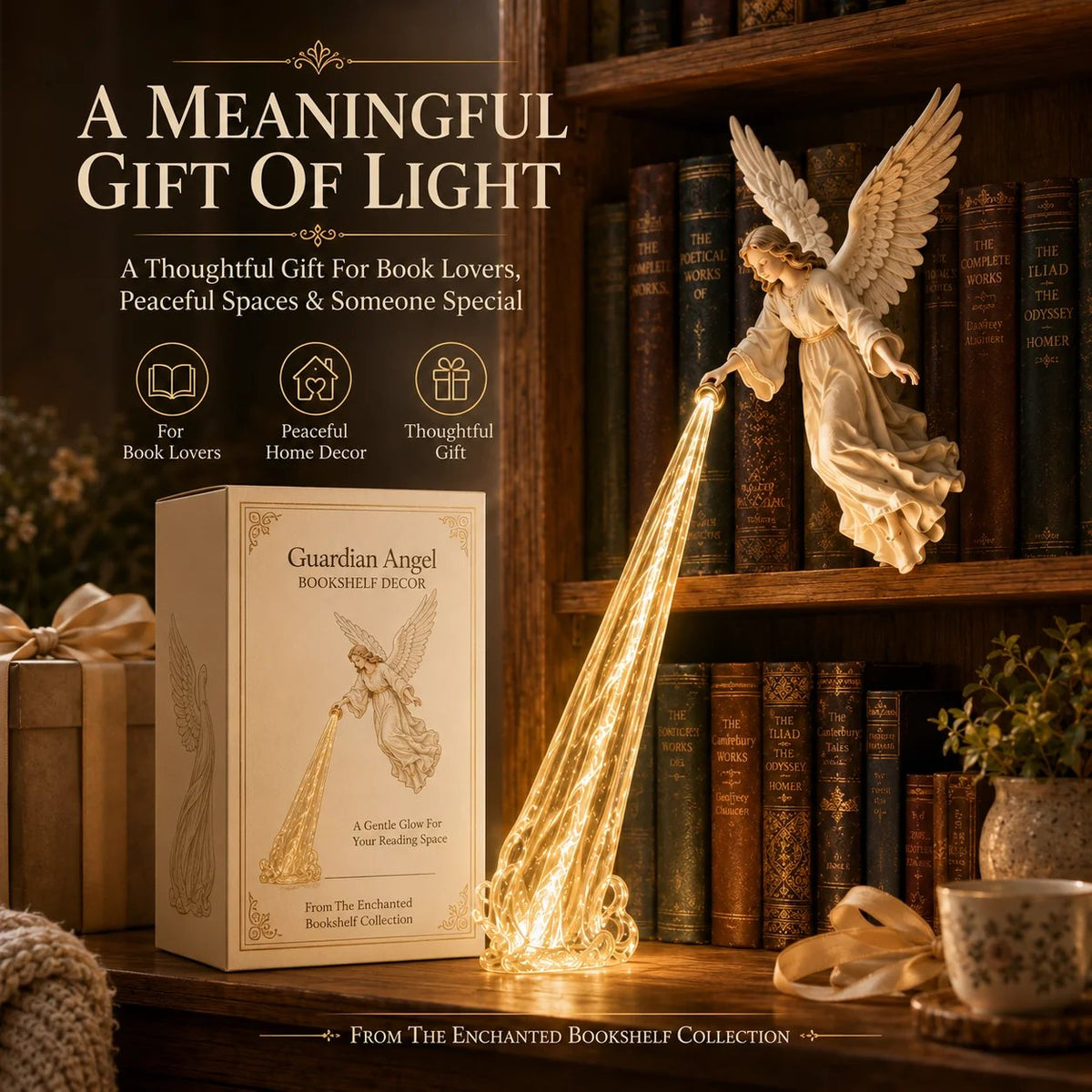 🕊️ Schutzengel-Bücherregal-Licht | Friedliche Engelsfigur mit warmem goldenen Lichtstrahl für Leseecken, Regale & bedeutungsvolle Geschenke ✨