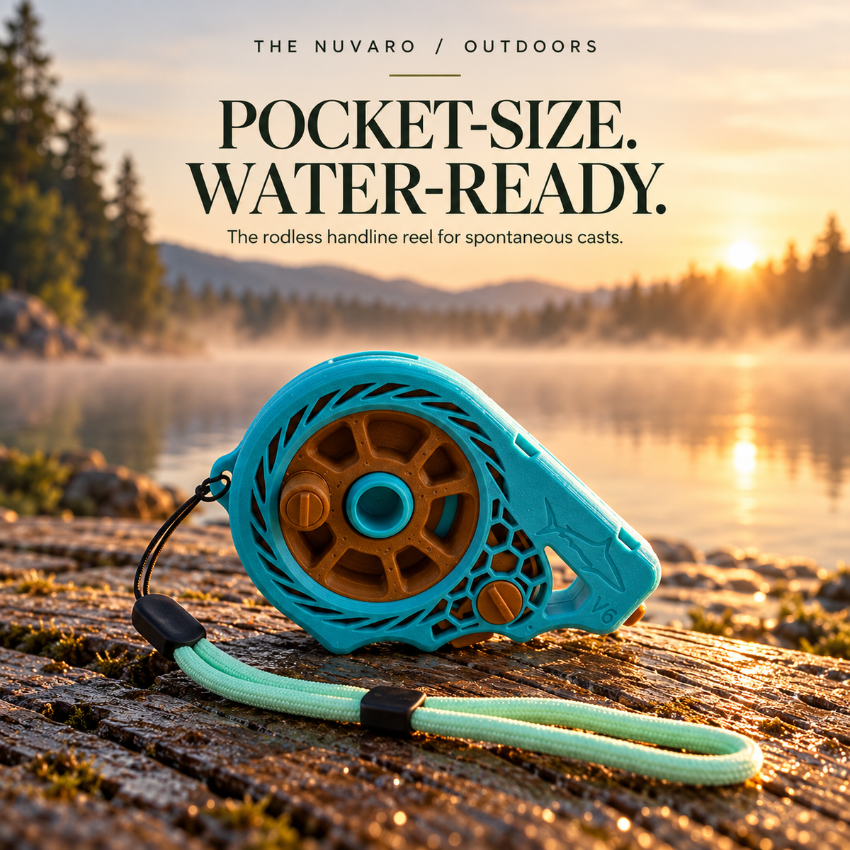 Turquoise pocket handline reel by lake at sunrise