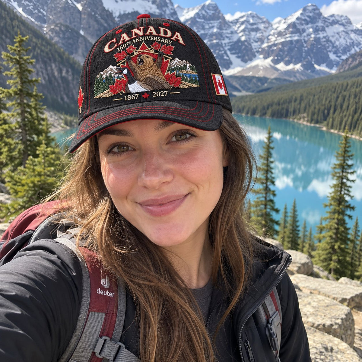 Woman wearing Canada heritage cap beside a Canadian mountain lake