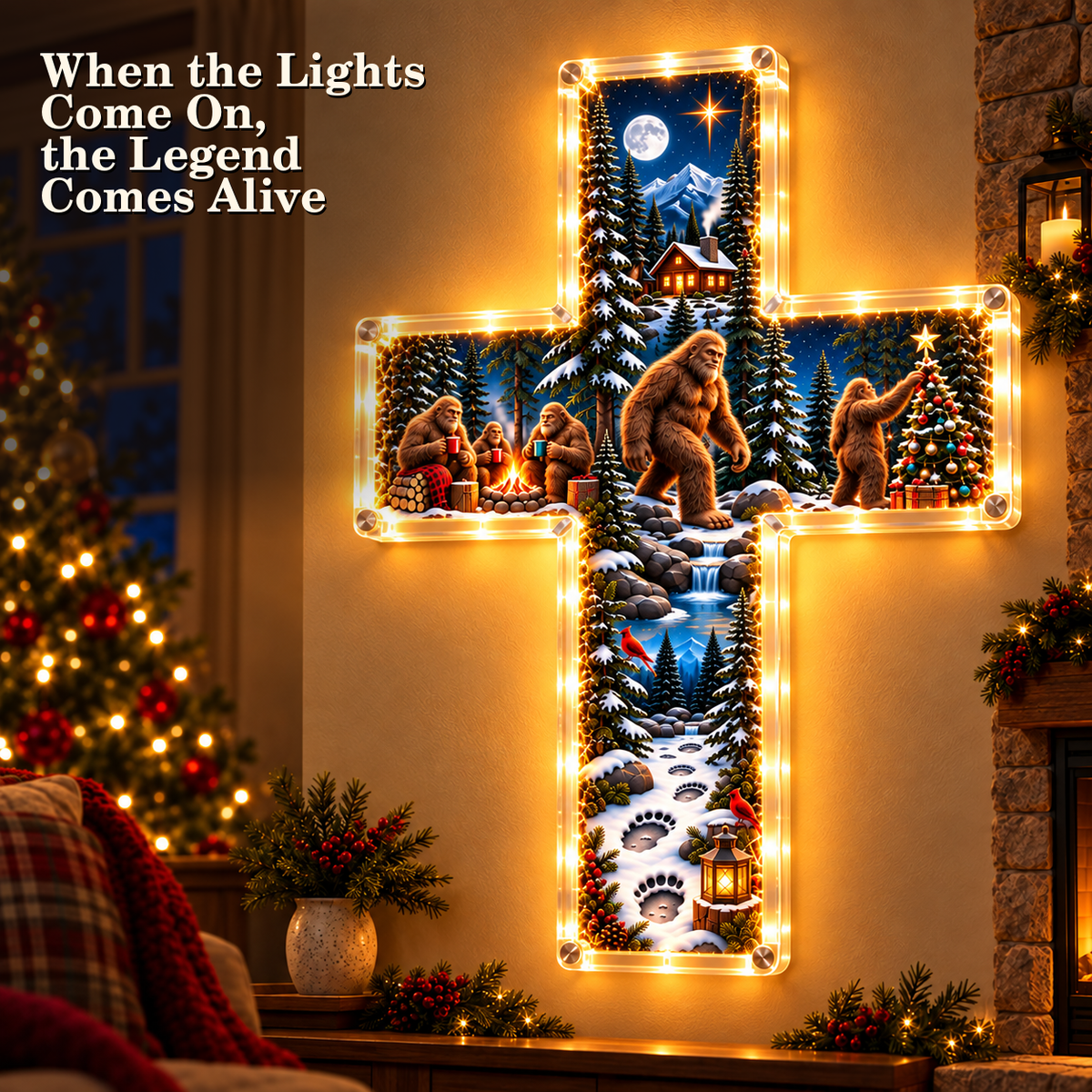🎄 The Sasquatch Christmas Story – 6-Scene Lighted Woodland Cross
