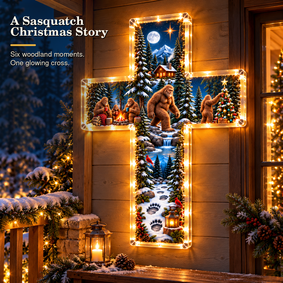 🎄 The Sasquatch Christmas Story – 6-Scene Lighted Woodland Cross