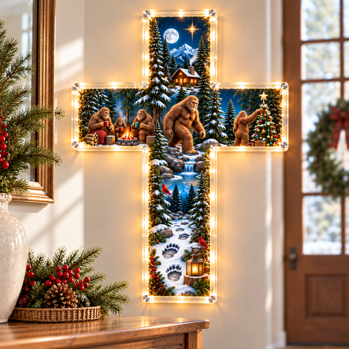 🎄 The Sasquatch Christmas Story – 6-Scene Lighted Woodland Cross