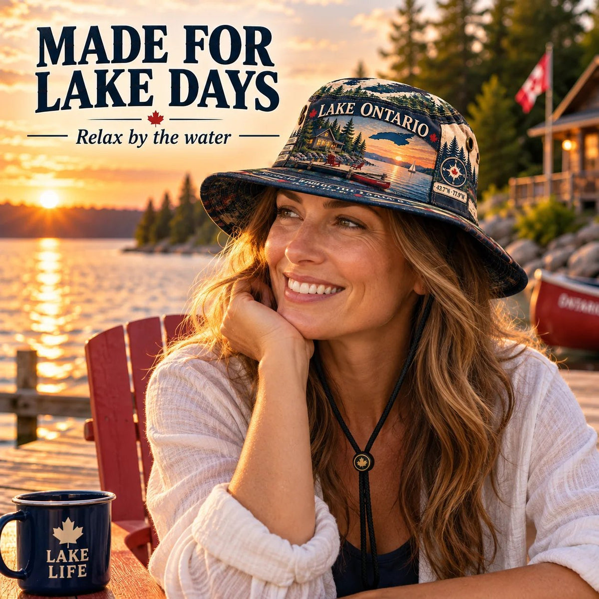 Woman wearing a Lake Ontario boonie hat by the water