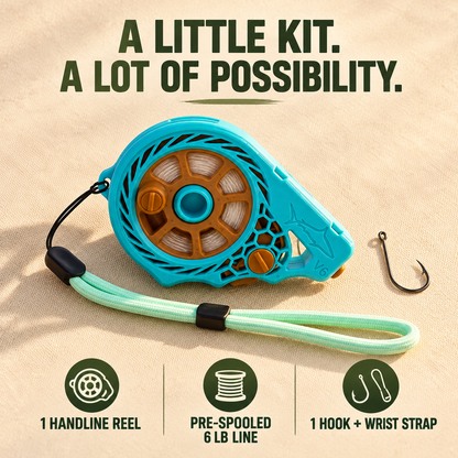 Pocket reel pre-spooled line hook and wrist strap