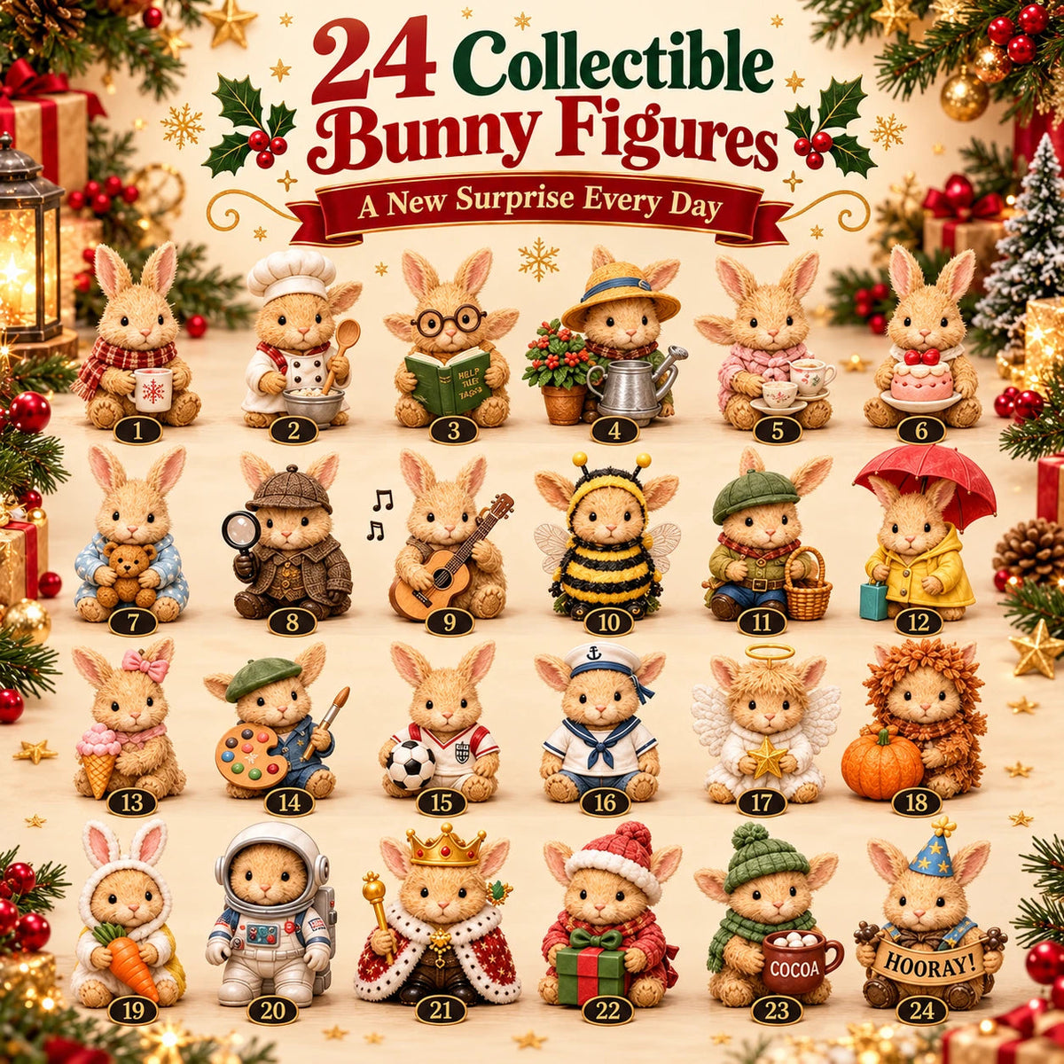 24 Days of Bunny Magic Advent Calendar – 24 Cute Collectible Bunny Figurines, Christmas Countdown Gift Box