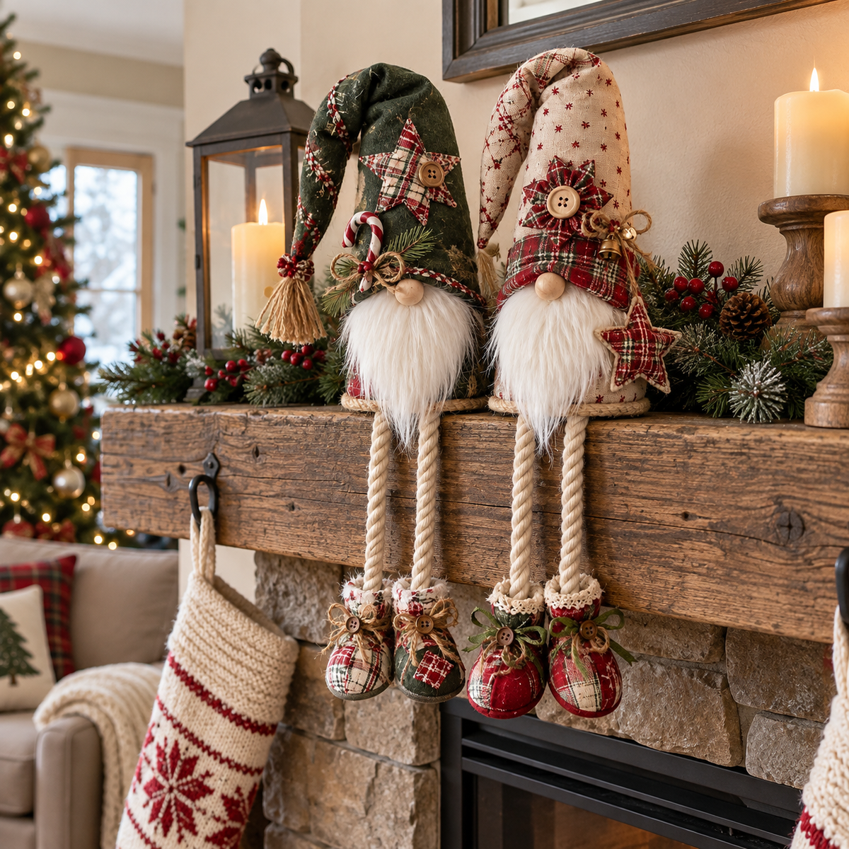Plaid Christmas gnome shelf sitters on fireplace mantel