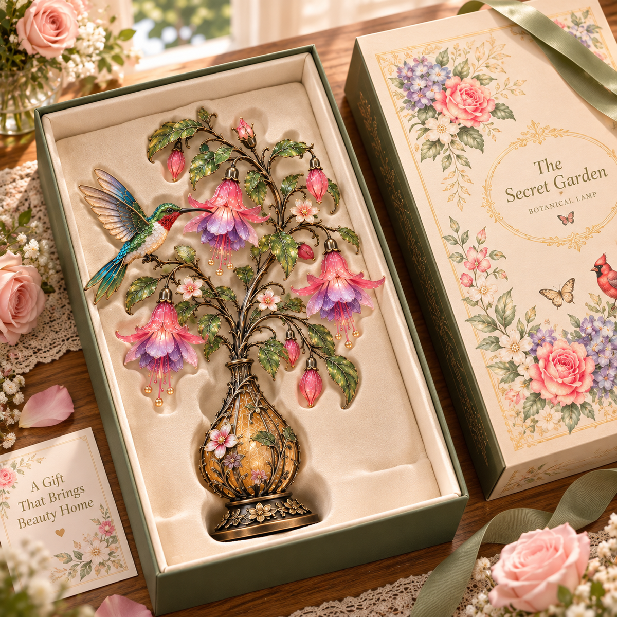 🌸 Hummingbird & Fuchsia Flower Lamp -✨ Lighted Floral Table Decor