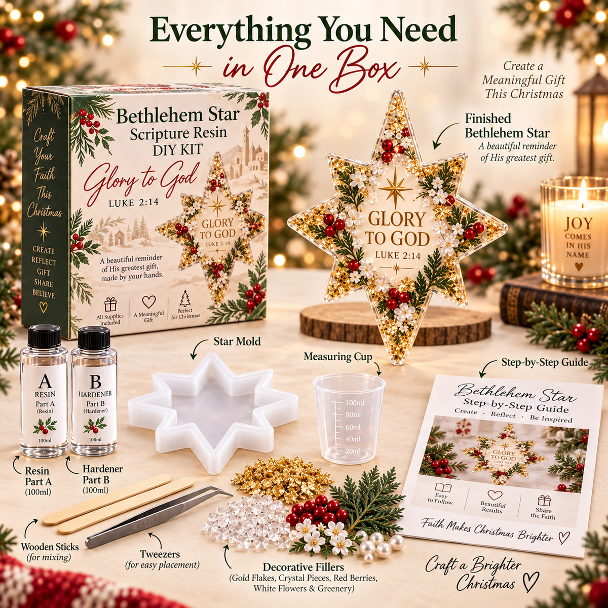 Complete Bethlehem Star resin DIY kit with mold resin decorations and instructions