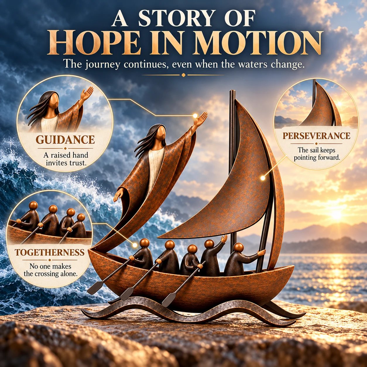 Sailing boat scene illustrating guidance, perseverance, and togetherness