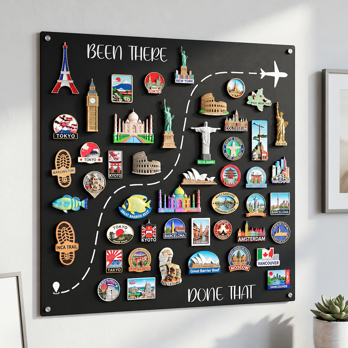 Square Travel Magnet Board displayed in a warm home interior
