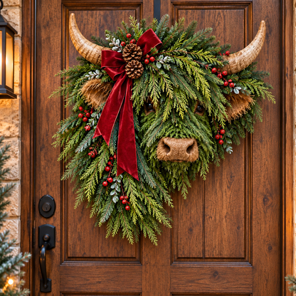 Highland Cow Christmas Wreath – Rustic Farmhouse Holiday Door Decoration with Cascading Greenery &amp; Red Velvet Bow