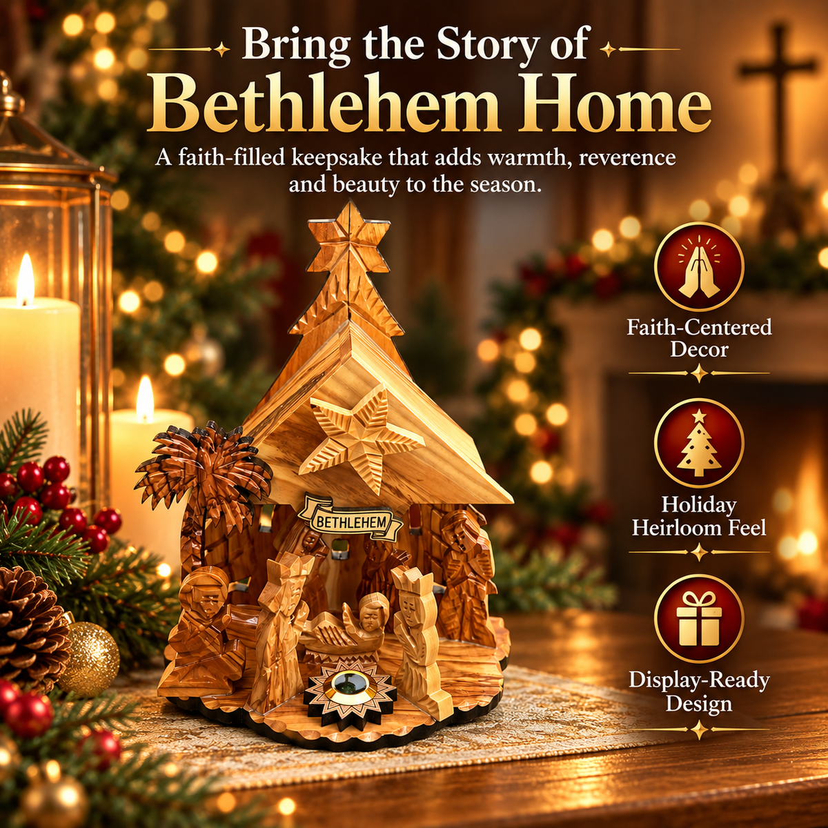 ✝️Holy Land BoxBethlehem Blessings™ Olive Wood Nativity Music Box