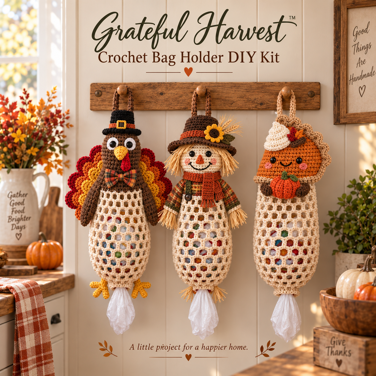 Grateful Harvest™ Thanksgiving Crochet Bag Holder DIY Kit – Functional Fall Kitchen Decor Craft Kit