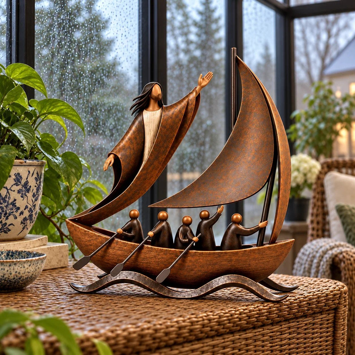 ⛵ Guided by Faith – Sailing Boat Sculpture with a Vintage Bronze-Tone Finish