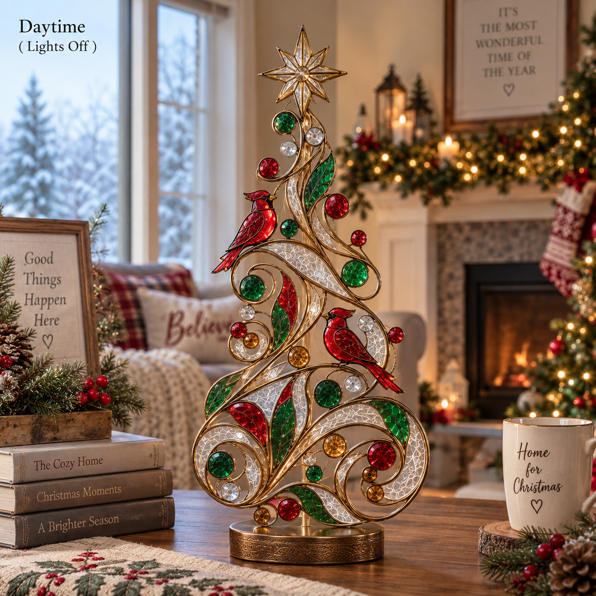 Lighted Stained Glass-Inspired Christmas Tree Tabletop Decor with Red Cardinal Birds