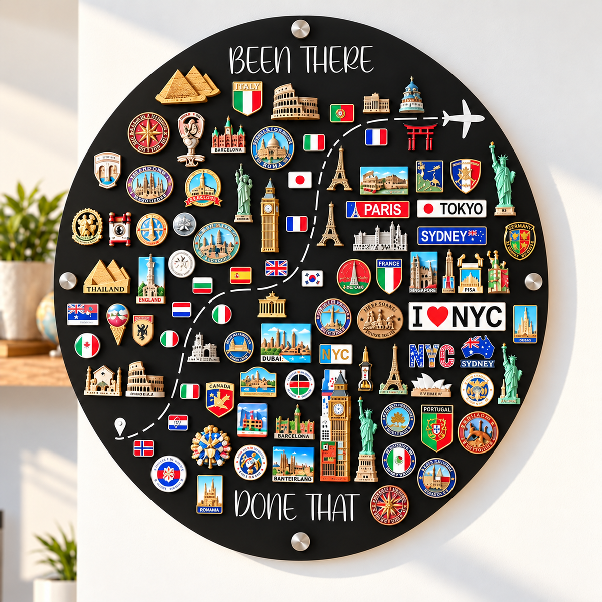 Round Travel Magnet Board displaying colorful souvenir magnets