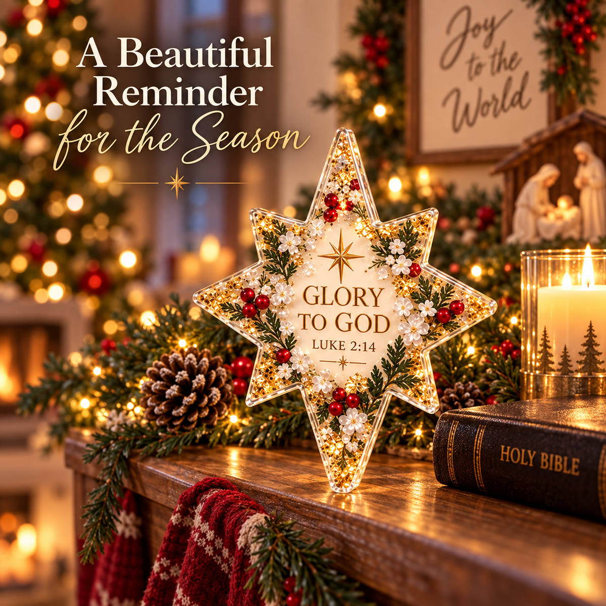 Glory to God star keepsake displayed beside a Bible and Christmas candle
