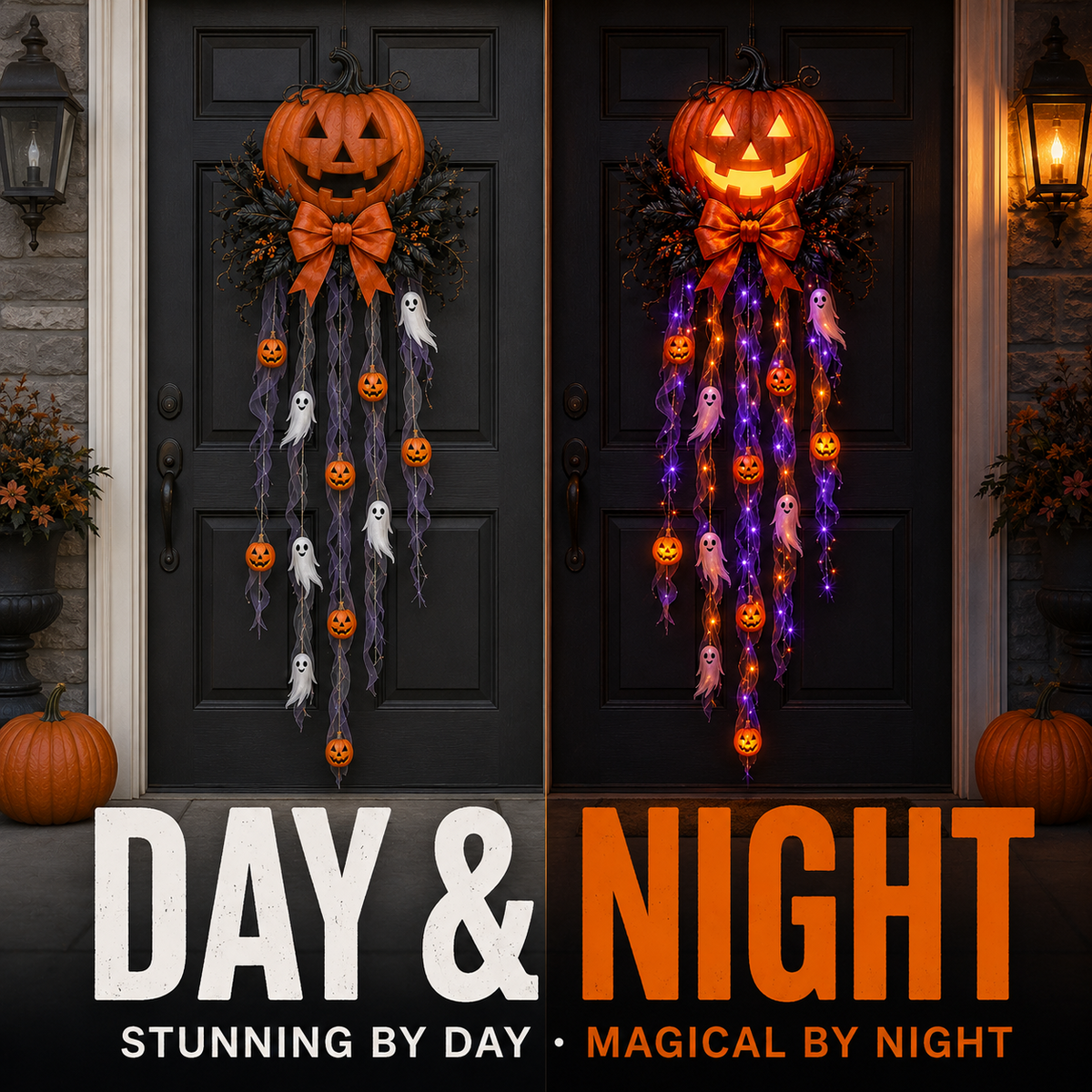 👻 Cascada de puerta con calabaza y fantasma iluminados 🛒