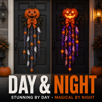 👻 Cascada de puerta con calabaza y fantasma iluminados 🛒