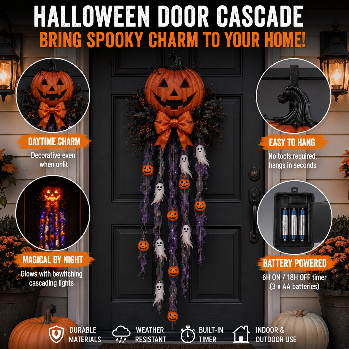 👻 Cascada de puerta con calabaza y fantasma iluminados 🛒