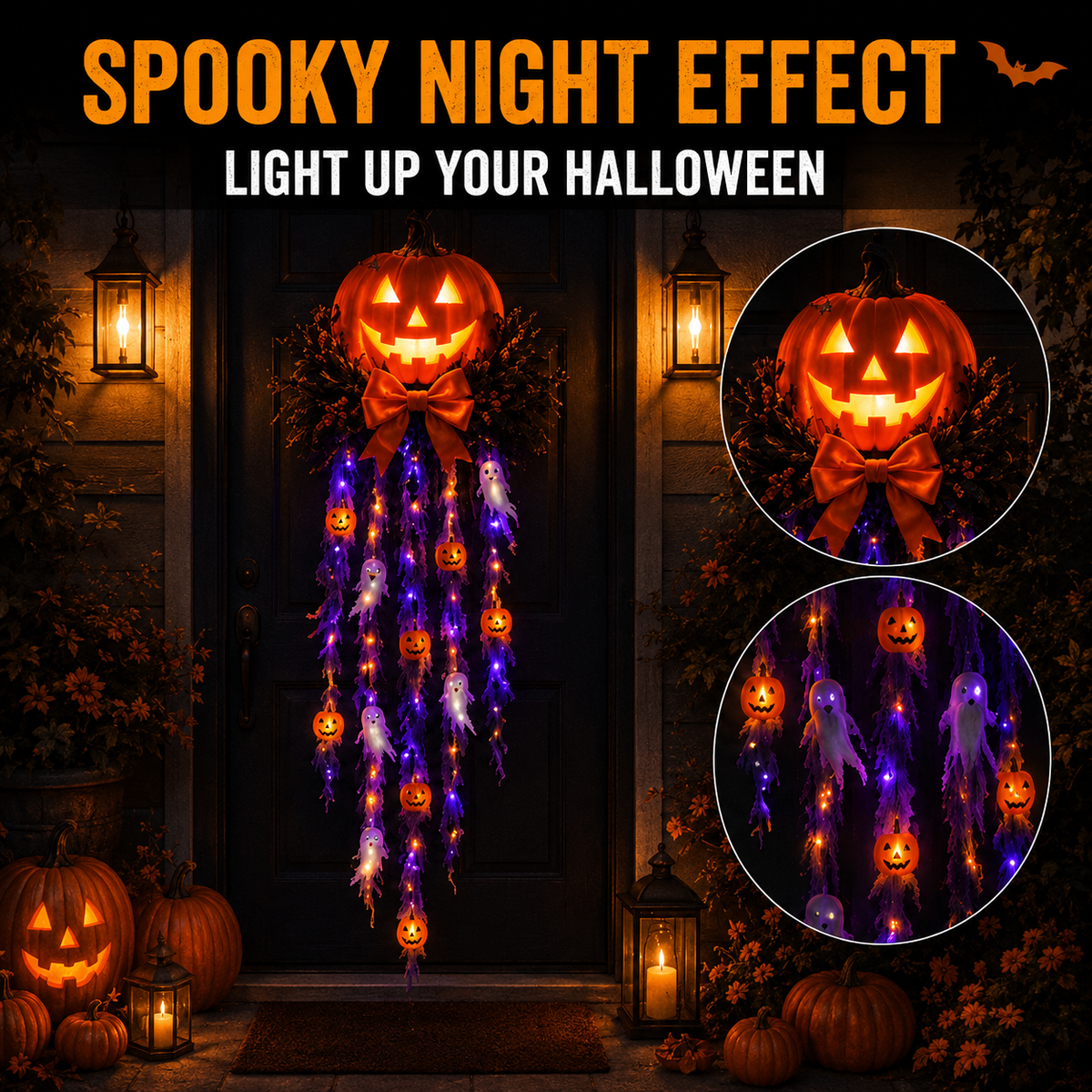 👻 Cascada de puerta con calabaza y fantasma iluminados 🛒