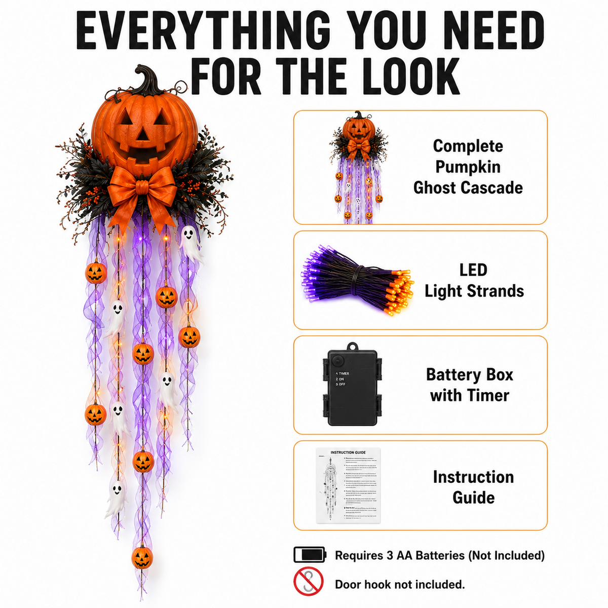 👻 Cascada de puerta con calabaza y fantasma iluminados 🛒
