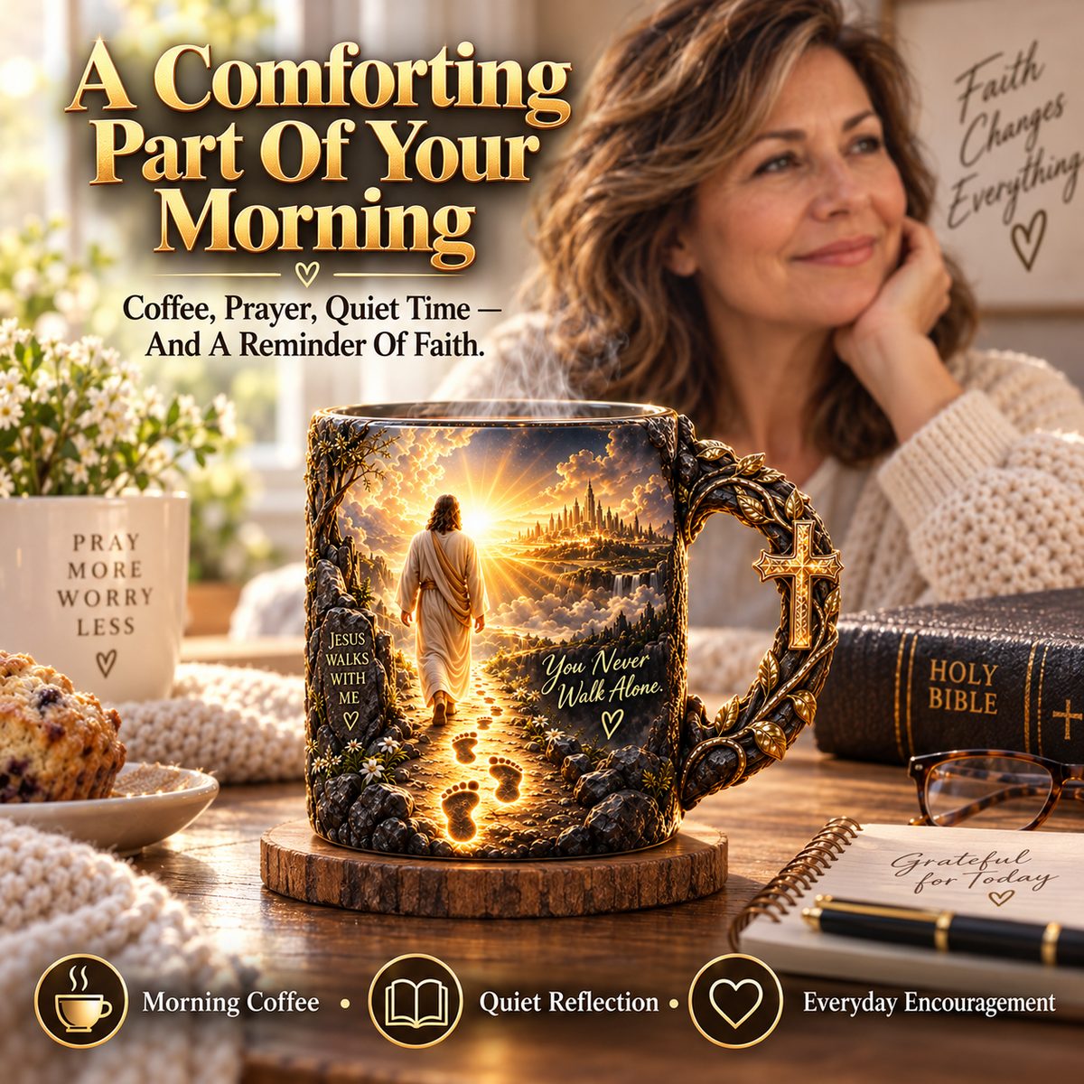 Faith mug in a peaceful morning coffee setting