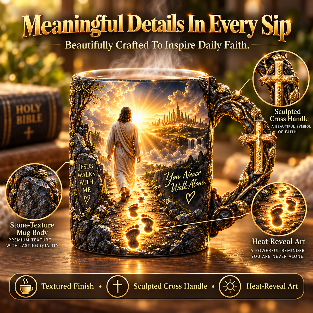 Detailed artwork and decorative cross handle of the mug