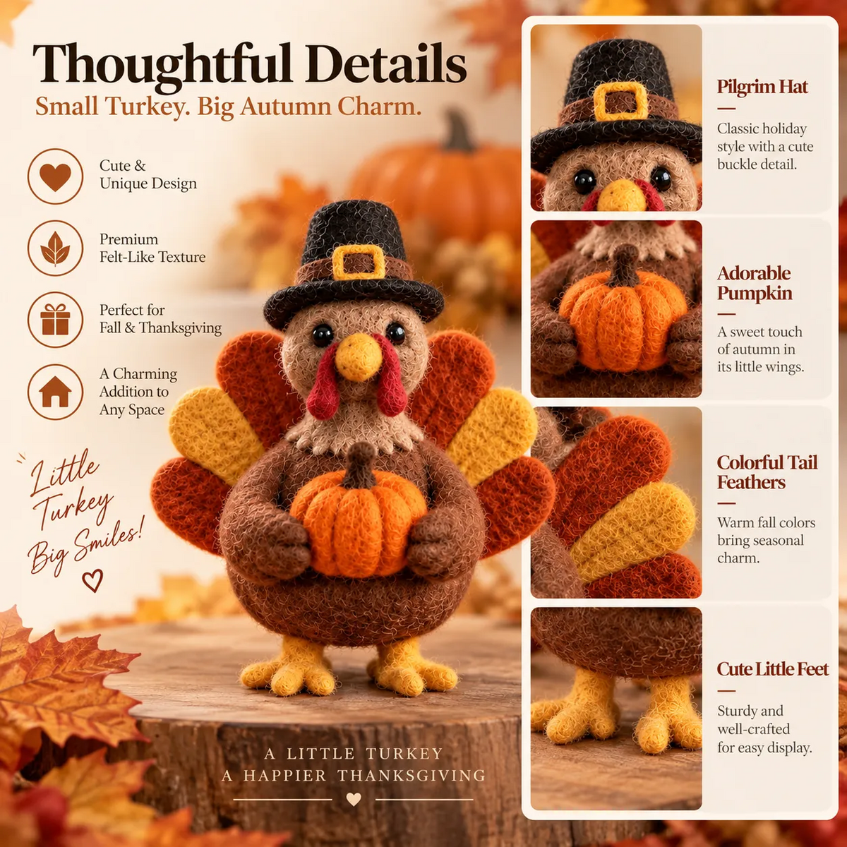 Product detail image showing the turkey's pilgrim hat, pumpkin, autumn tail feathers, and little feet