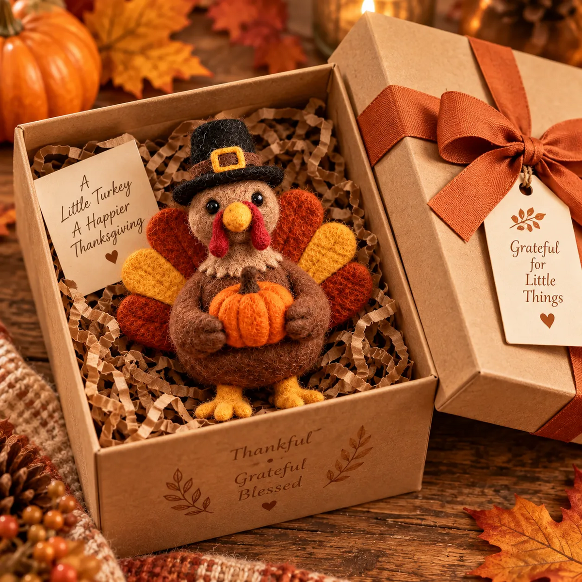 Pumpkin-holding turkey styled in a gift box with ribbon and a thank-you card