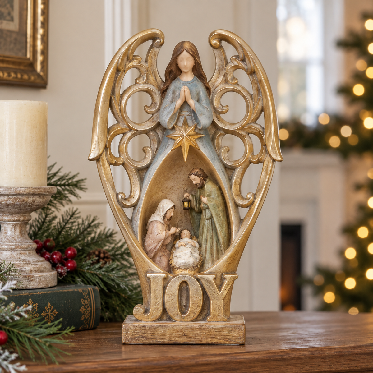Angel of Joy Lighted Nativity Christmas Decor – Holy Family Tabletop Figurine with Warm Inner Glow