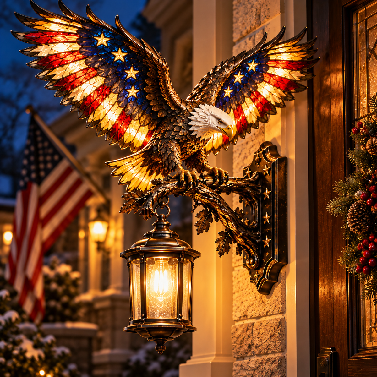 Illuminated patriotic eagle and hanging lantern beside a front door at dusk