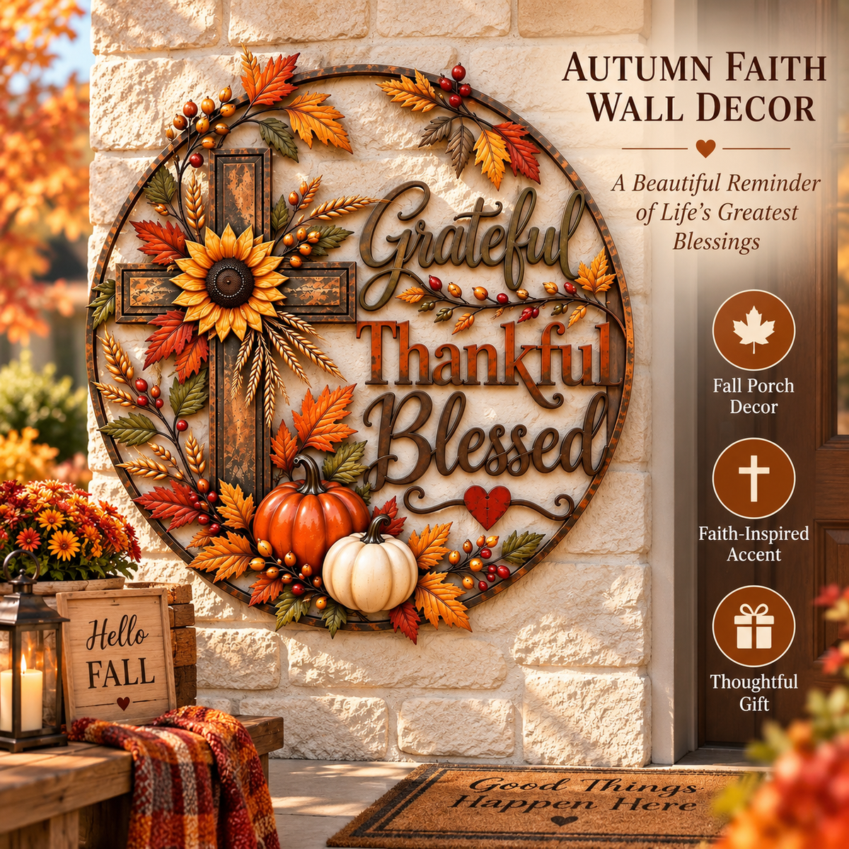 🍂 Grateful, Thankful & Blessed — Autumn Faith Cross Wall Decor