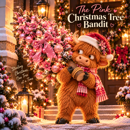 🎄🐮Pinkmas Tree Bandit™ – Light-Up Highland Cow Christmas Porch Décor