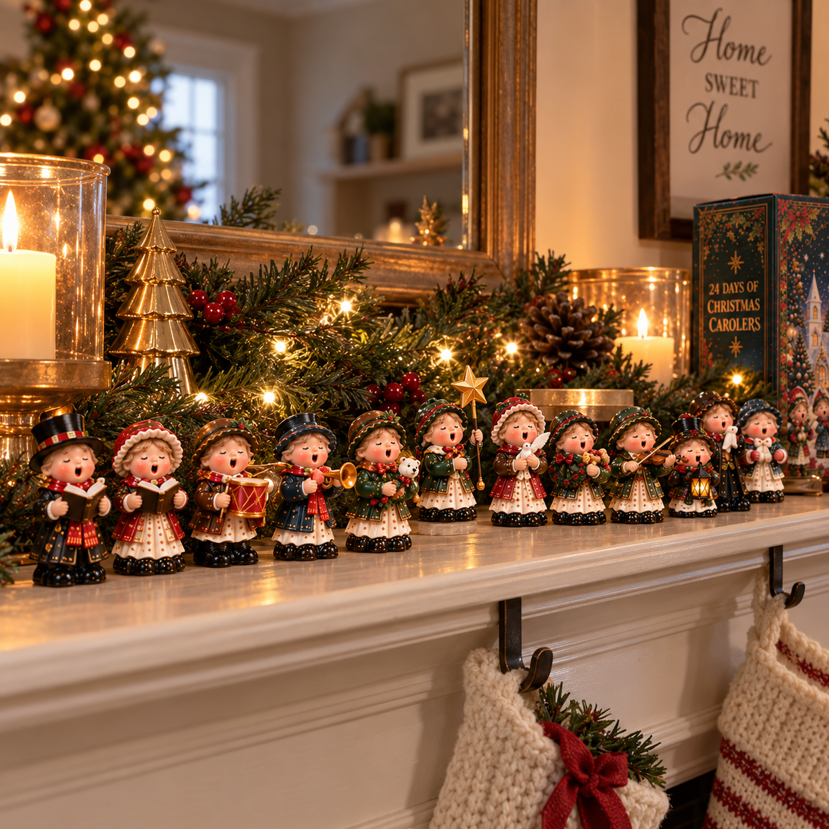 Christmas caroler figurines displayed on a mantel