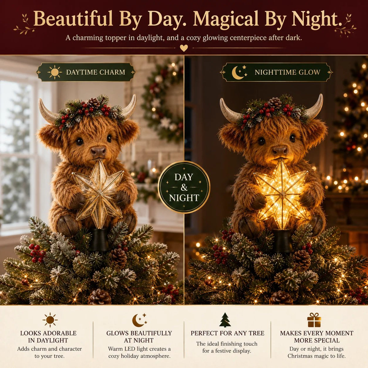 🎄✨Baby Highland Cow Glowing Star Tree Topper