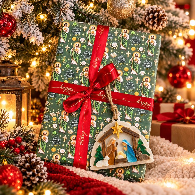 Nativity ornament displayed with wrapped Christmas gift