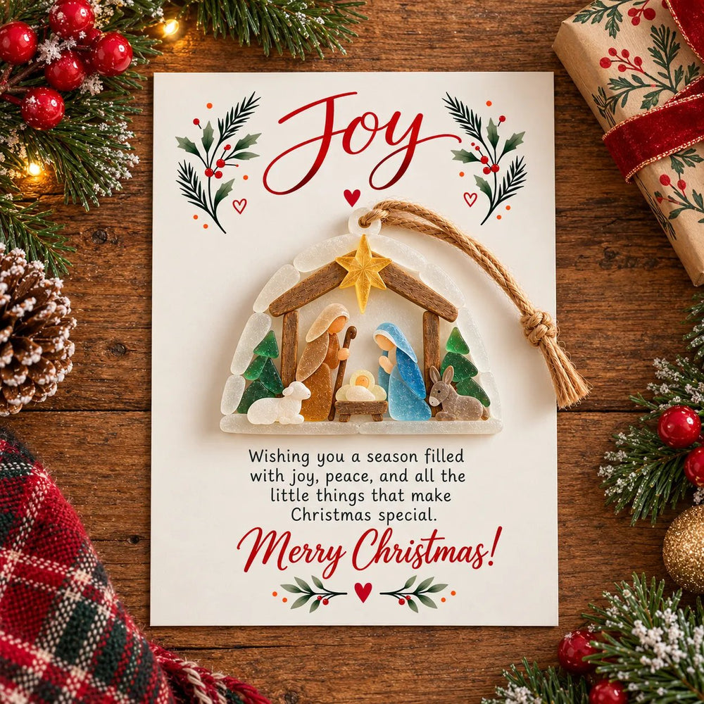 Nativity sea glass-inspired Christmas ornament with Joy greeting card