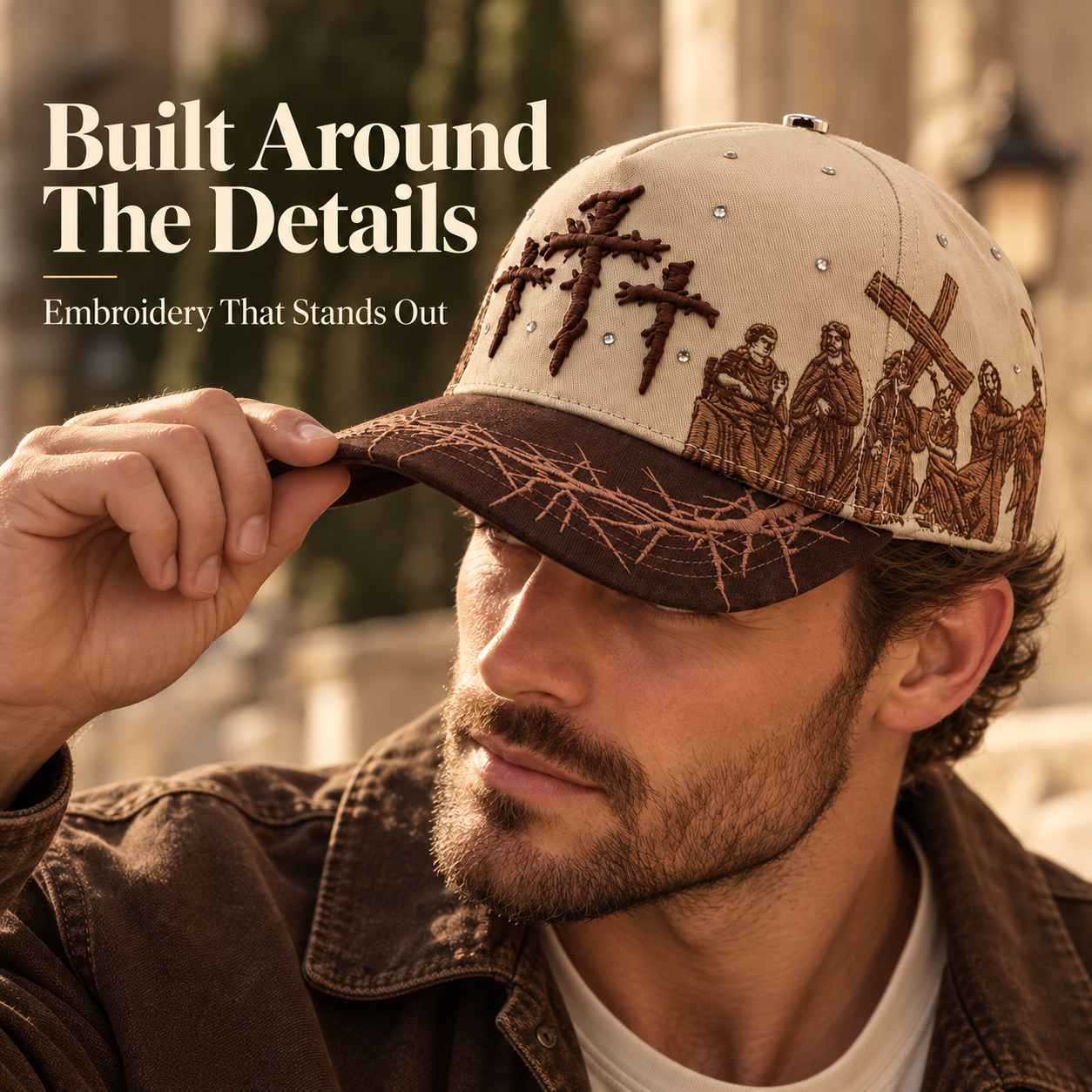 Man adjusting the brim of the faith-inspired cream and brown cap