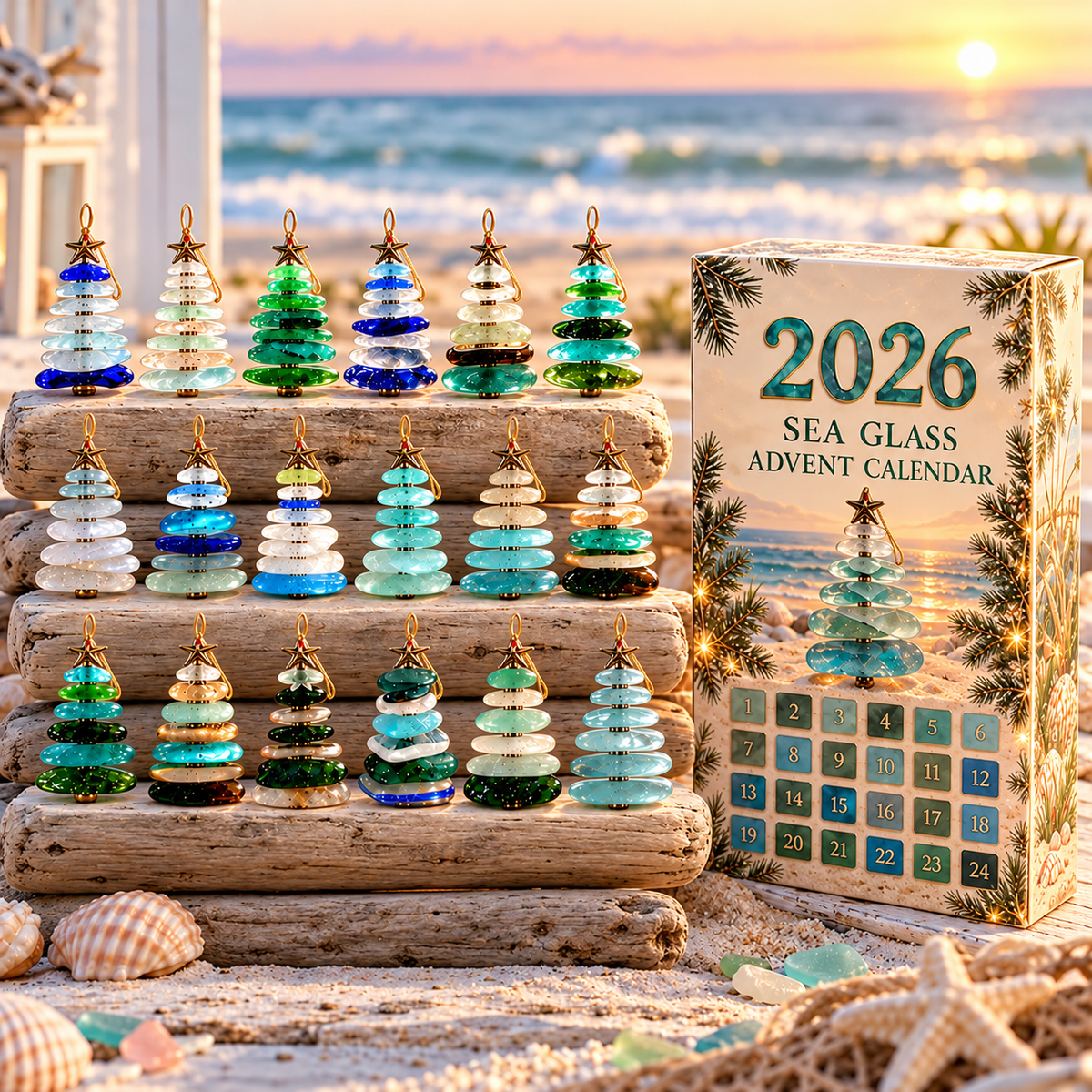 2026 Sea Glass Advent Calendar box beside 24 sea-glass-style tree ornaments with the beach in the background