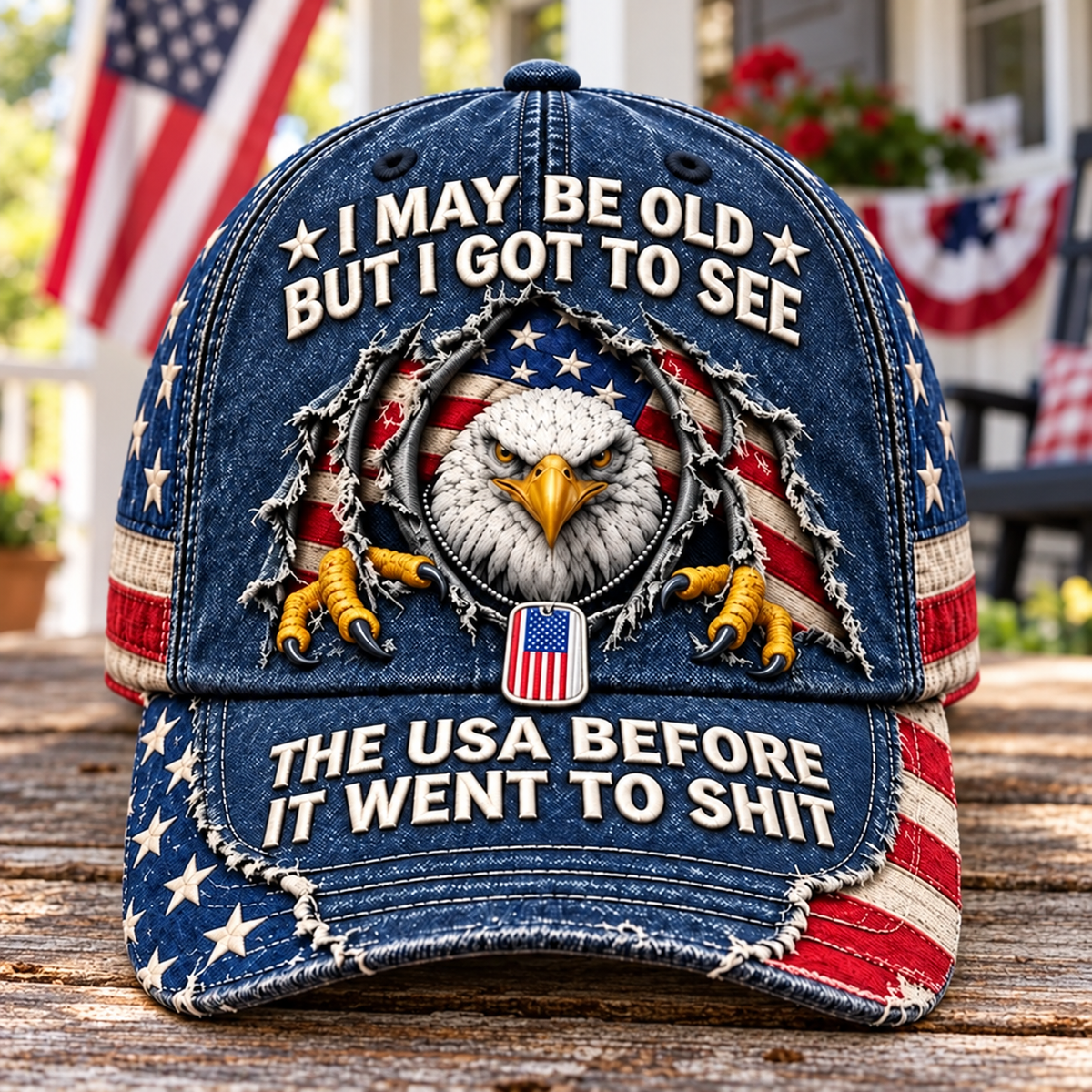 Distressed navy American eagle baseball cap with patriotic flag details