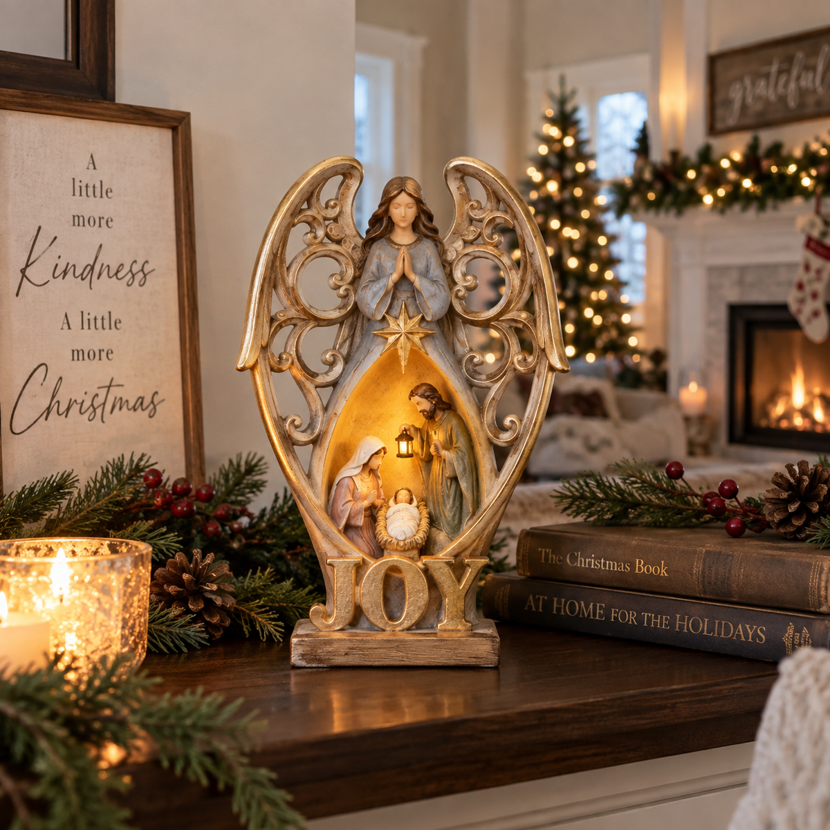 Angel of Joy Lighted Nativity Christmas Decor – Holy Family Tabletop Figurine with Warm Inner Glow